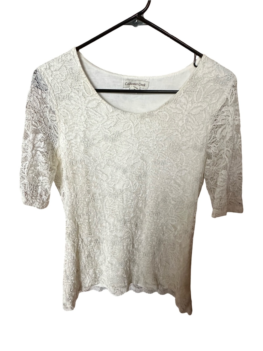 Coldwater Creek Cream Lace Short Sleeve Scoop Neck Top